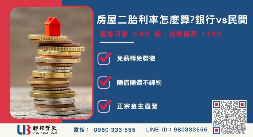 房屋二胎利率計算方式與銀行民間比較解析-聯邦貸款金主直營，提供優惠利率0.8%起服務。